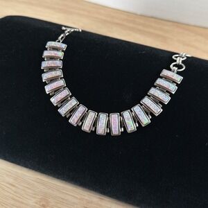 RARE Sanel 925 Sterling Pink Opal Panel Hinged Bracelet Vintage 25g